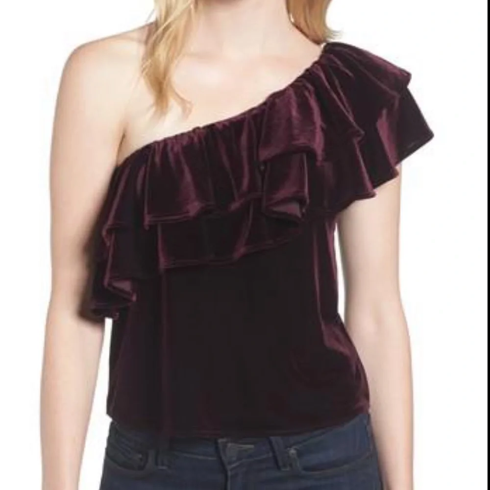 MISA Ruffle One-shoulder Velvet Top In Plum Velvet - Picture 4 of 8